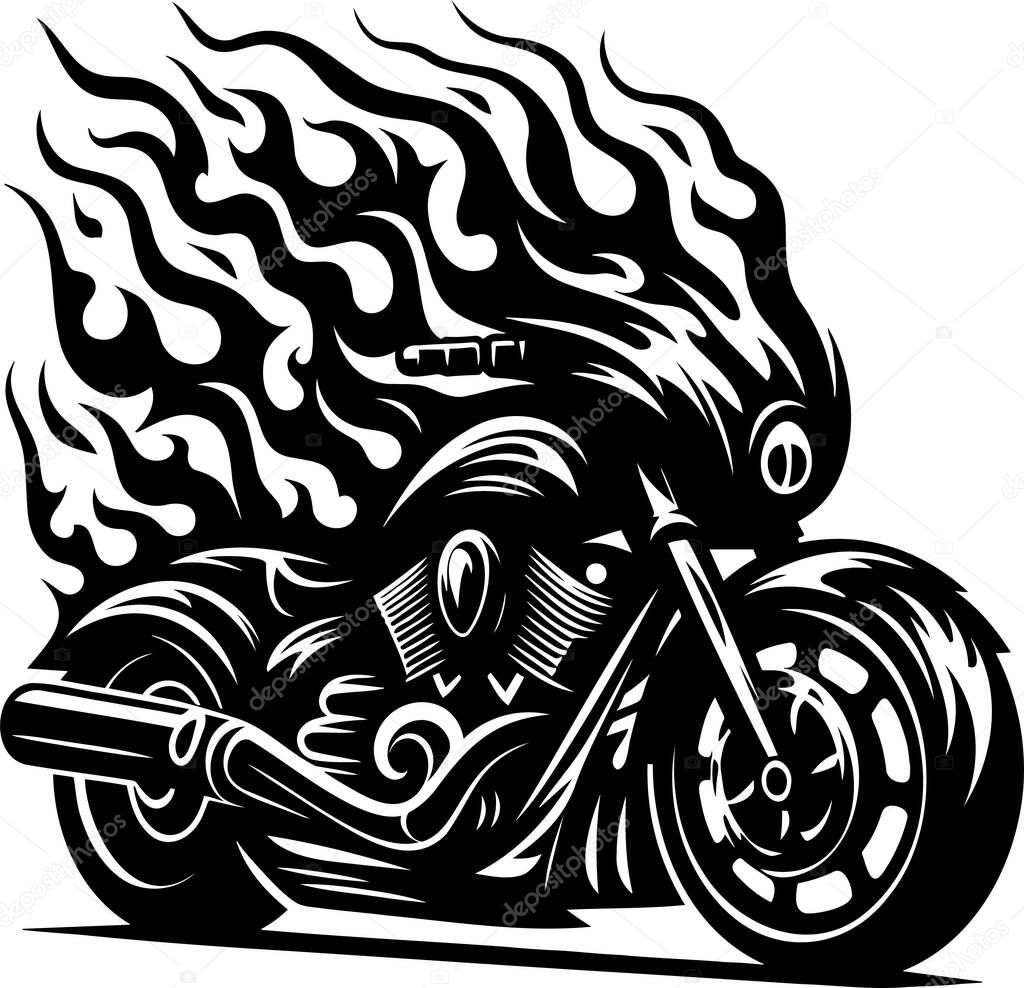 This image showcases a stylized motorcycle with flames emanating from the rear, rendered in an intricate vector art style. The detailed composition highlights the engine, exhaust, wheels, and handlebars with bold, dynamic strokes, creating an energet