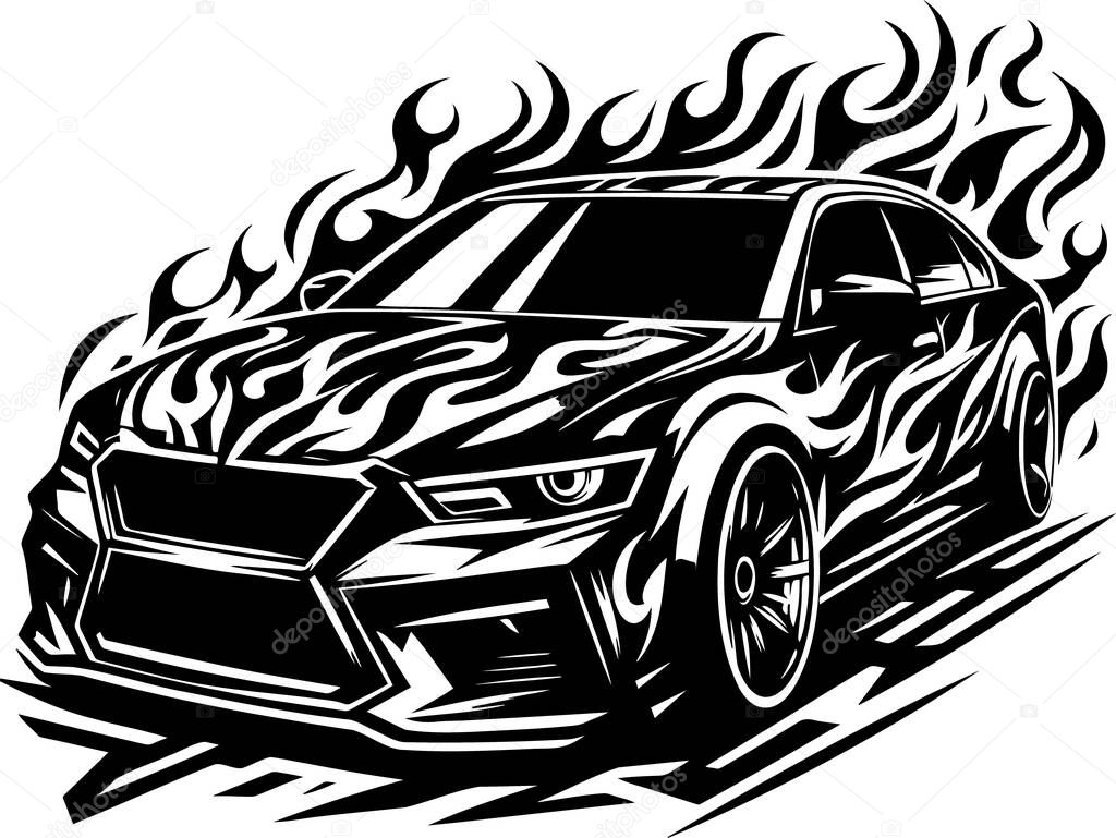 Aggressive sports car with flames in dynamic vector art style