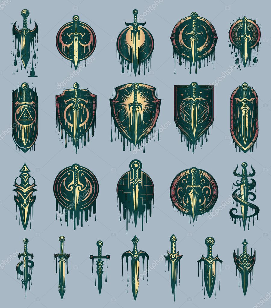 Collection of mystical dripping sword and shield emblems with dark fantasy design elements
