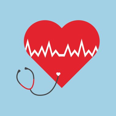 Kardiyoloji konulu vektör çizimi. Steteskoplu ve kalp atışlı kırmızı kalp..