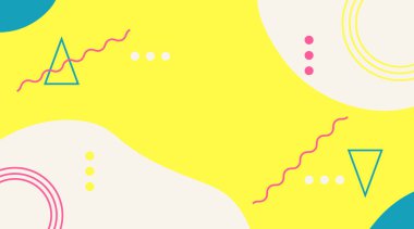 Memphis tarzında soyut renkli bir geçmiş. 90 'lardan kalma, geometrik şekilli nostaljik tasarım. Pankart, web, promosyon, reklam, poster ve reklam vektörü için uygun.