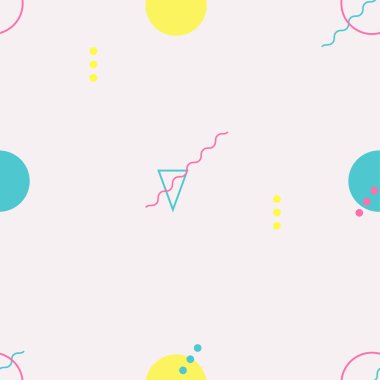 Memphis kusursuz desen. Geometrik şekiller ve çizgiler, soyut retro fon. Baskı, tekstil, sofra takımı ve ağ için minimalist, pastel bir tasarım. Vektör illüstrasyonu 10.