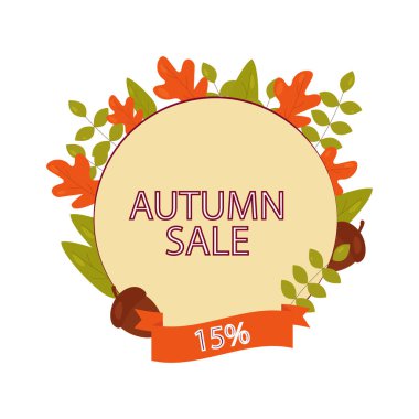 Yapraklarla dekore edilmiş% 15 renkli sonbahar indirimi. Özel sonbahar indirimi. Satışlar için sezonluk vektör illüstrasyonuName.