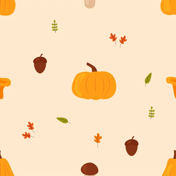 Autumn Seamless Vector Pattern Autumn Leaves Pumpkins Acorns Light Pink — Stock Vector