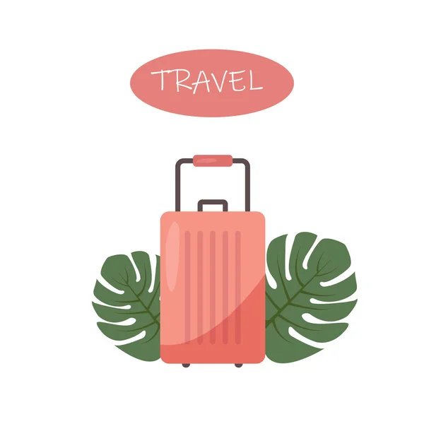Reisekonzept Rosafarbener Koffer Auf Monstera Hintergrund Für Gepäck Flüge Und — Stockvektor