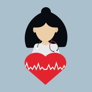 Kardiyolog vektör görüntüsü. Steteskoplu bir doktor kalp atışlarını dinler. Kardiyoloji sınavı. Kalp sağlığı.