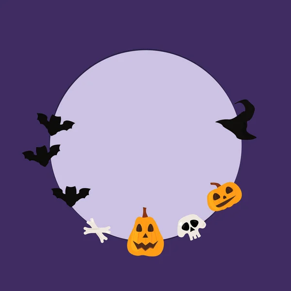 Kulatý Halloween Rám Modrofialové Pozadí Banner Šablona Halloween Dýně Netopýři — Stockový vektor