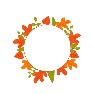 Sonbahar yapraklarıyla süslenmiş yuvarlak sonbahar çerçevesi. Sonbahar tasarımı için arka plan. Metin için beyaz boş alanı olan vektör şablonu, OS 10.