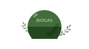 Biyogaz tesisi. Yeşil enerji, alternatif dizel, çevreye bakım, biyogaza atık. Beyaz arkaplanda izole edilmiş düz vektör illüstrasyonuName.