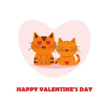 Sevgililer günü kartı. Kalplere aşık iki kırmızı kedi ve 