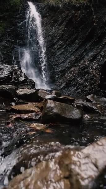 Гірський Потік Води Тече Вниз Чорній Скелі Розбивається Гладкі Камені — стокове відео