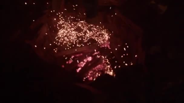 Sparks Heat Campfire Fly Slow Motion Close Volando Nell Oscurità — Video Stock