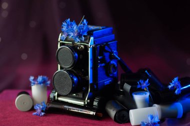 Mavi çiçekli filmler arasında uzanan eski moda kamera formatı, üzerinde kırmızı, koyu renkli, neon ışıklı çiçekler. Uluslararası Fotoğrafçılar Günü için Fotoğraf