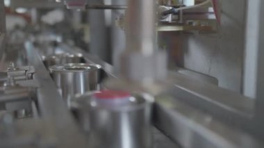 Üretim hattındaki otomatik mekanizma teneke kutuları birer birer boyayla dolduruyor. Taşıma anı, fabrikada optimizasyon işlemi, yakın çekim.