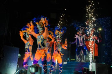 2025 İspanyol geleneksel karnavalı. Parlak karnaval kostümlü insanlar sokakta.