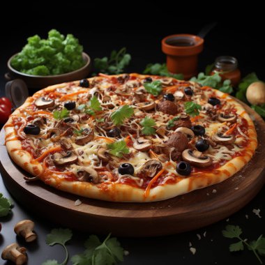 Siyah zeytin ve jalapenolarla kaplı, peynirli 3 boyutlu gerçekçi mantar pizzası.