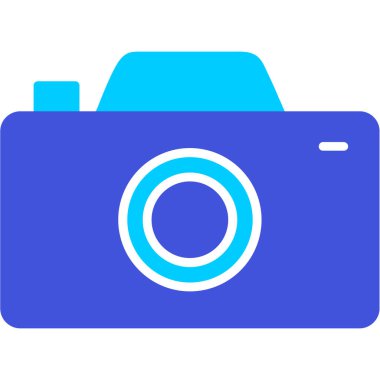 Kamera vektör simgesi. Düz mavi sembol. Pictogram beyaz arka planda izole edilmiştir. Web ve yazılım arayüzleri için dizayn edildi.