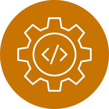 dişli vektör simgesi. Bu düz yuvarlak sembol beyaz arkaplanda turuncu ve gri renklerle çizilmiş..