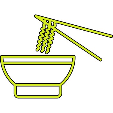 Erişteler ve yemek çubuğu vektör ikonu. Beyaz arka planda izole edilmiş yemek çubuklarının çizgi film çizimi. noodles ikon vektörü.