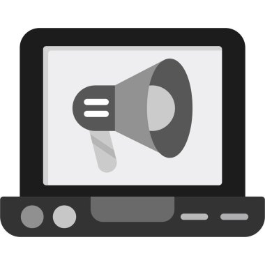 Megafon ikonlu bilgisayar. Web için megafon vektör simgeleriyle dizüstü bilgisayarın basit bir çizimi