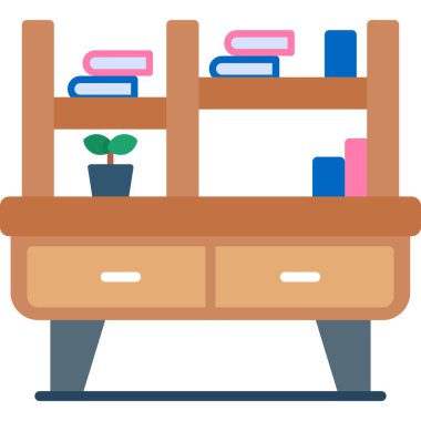 Kitapları, kitaplığı, rafları ve kitaplığı olan raflar.