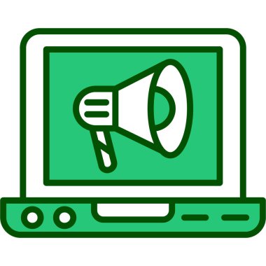 Megafon simgesi olan dizüstü bilgisayar, basit vektör illüstrasyonu