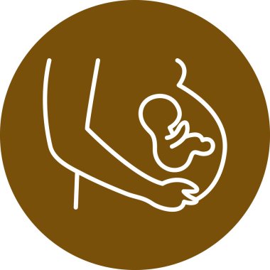 Hamile işareti olan bebek sembolü. Vektör. Siyah çizgili sarı simge, beyaz arkaplan. kahverengi daire yapım aşamasında.