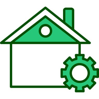 Teçhizatlı yeşil ev ve beyaz arkaplanda iki katlı bina simgesi