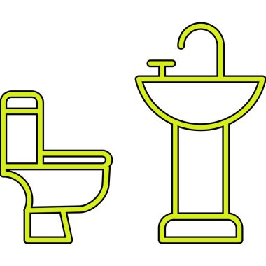 Siyah çizgi tuvalet klozeti ikonu beyaz arka planda izole edilmiş. Rastgele dinamik şekiller. Vektör İllüstrasyonu