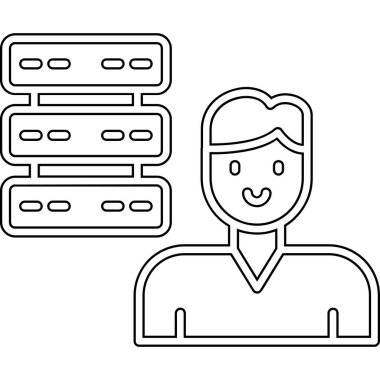 Dizüstü bilgisayarı ve sunucu vektör çizimi tasarımı olan genç adam