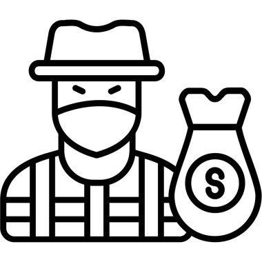 Dolar ikonlu kovboy. Beyaz üzerinde izole edilmiş web tasarımı için para vektör illüstrasyonu ile ana hatlı kovboy