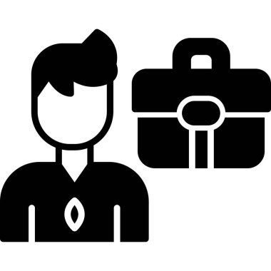 Çantalı ve bavul ikonlu bir iş adamı. Ağ için çanta vektör simgesi taşıyan bir adamın basit bir illüstrasyonuName