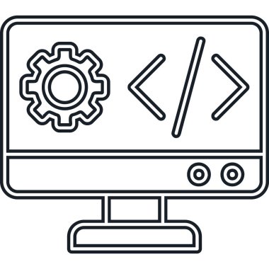 Dişli ikonlu bilgisayar monitörü. Web için bilgisayar monitörü vektör simgesinin özet çizimi