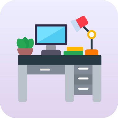 Laptop bilgisayarlı ofis masası, lamba ve bitki dolu bardak.