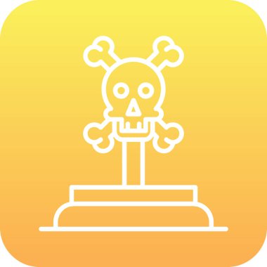 Beyaz zemin üzerinde kafatası simgesi olan siyah bir mezar taşı. Mezar ikonu. Cadılar bayramı partin kutlu olsun. Sarı kare düğme. vektör illüstrasyonu