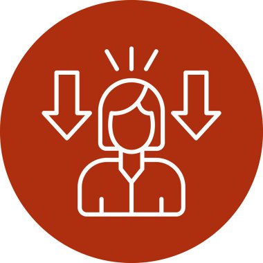 Kafasında ikon olan bir kadın. Kabartma biçimi yuvarlak açılı düz ikonik sembol, kırmızı renk, beyaz arkaplan.