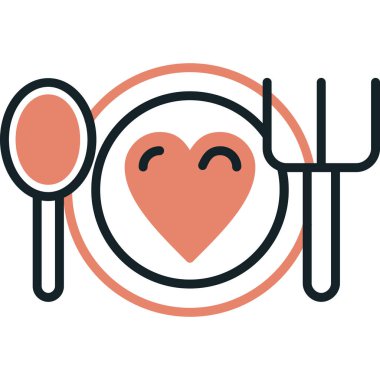 Kaşık ve çatallı kalp, çizgi ve dolgu biçimi simgesi, vektör illüstrasyonu