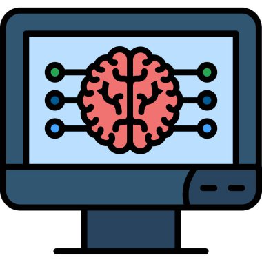 Beyin simgesi olan bilgisayar. Beyin vektör rengi düz resimli bilgisayar beyni