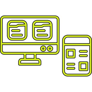 Beyaz arkaplanda izole edilmiş metin ve akıllı telefon simgesine sahip siyah çizgi bilgisayar monitörü. İnternet alışveriş sembolü. vektör illüstrasyonu