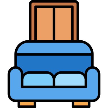 Oturma odası ikonu. Mobilya simgesinin dizaynı mavi arkaplanda izole edildi