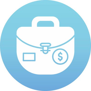 Para Çantası yuvarlak simgesi. Vektör illüstrasyon tarzı düz ikonik iki renkli sembol, kobalt ve siyal renkler, beyaz arka plan.