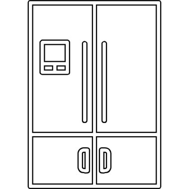 Mutfak buzdolabı vektör çizgisi simgesi. Beyaz arkaplanda izole edilmiş vektör çizimi. Ana hatlı bilgi simgesi logosu kavramı. siyah ve beyaz simgesi