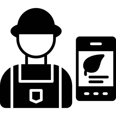 Akıllı telefonu, cep telefonu ve şapkası olan bir işçi. vektör illüstrasyonu.