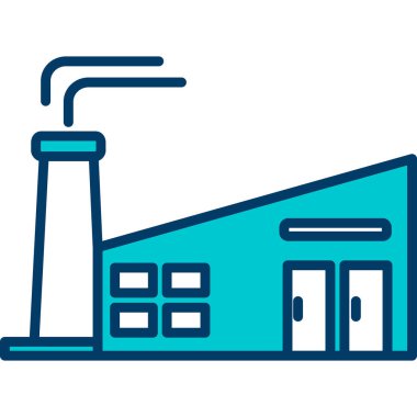 Beyaz arka planda izole edilmiş ana hatlı bir yapı ikonu. Endüstriyel fabrika sembolü çizimi.