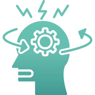 Beyin vites vektör simgesi. biçim iki renkli düz sembol, yumuşak mavi renkler, yuvarlak açılar, beyaz arkaplan.