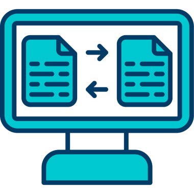 Belge simgesi olan bilgisayar. Veri vektör simgelerine sahip ana hat bilgisayarı düz izole edilmiş