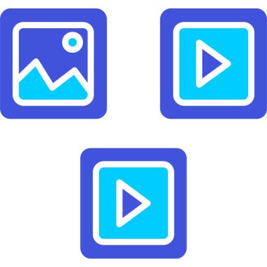 Beyaz arkaplanda mavi çalma düğmesi simgesi izole edildi. Film şeridi. Oyun işareti. Renk simgelerini kare düğmelere ayır. vektör illüstrasyonu