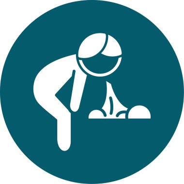 Elinde kürek ve elinde ikon vektörü olan bir adam.