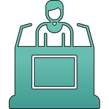 Beyaz takım elbiseli ve elinde dizüstü bilgisayar olan mavi gömlekli bir adamın vektör çizimi.