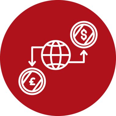 küresel değişim. Vektör simgesi yuvarlak düz stil, sembol. Kırmızı ikon, yuvarlak açılı. beyaz arkaplan.